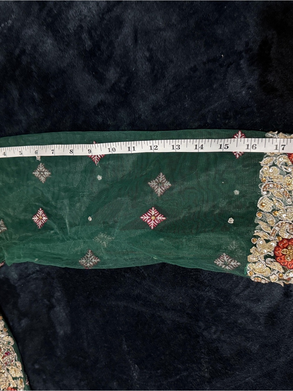 Salwar Kameez Embroidered Green Tunic with Maroon Dupatta - Picture 12 of 16